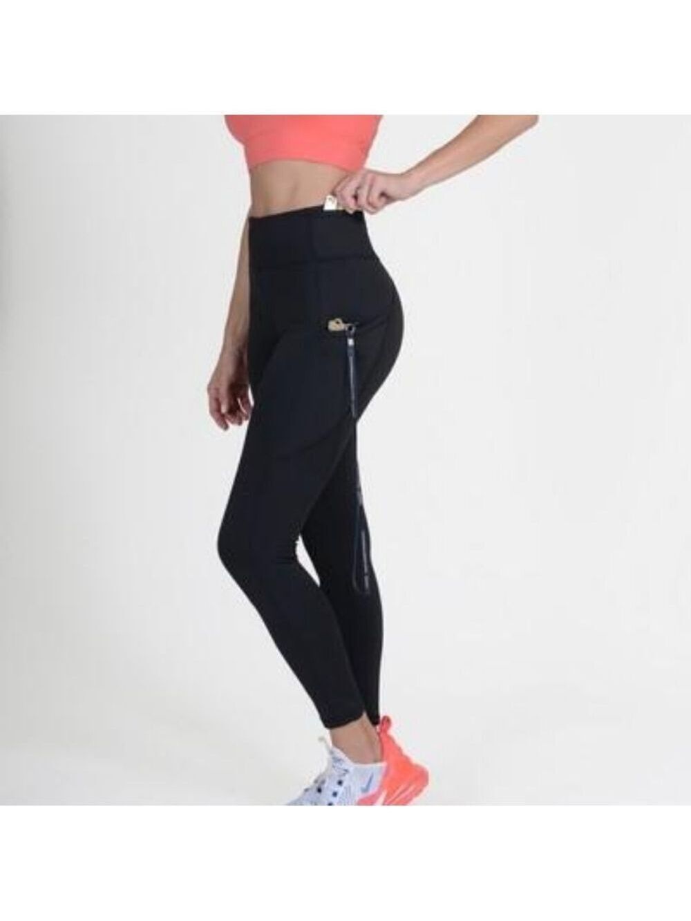 YELETTE HIGH Waist Solid Black Workout Leggings With Pockets Size Large NWT